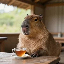 a capybara sitting in a table, drinking a tea in a hut while looking outside, high detail