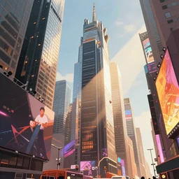 huge modern downtown city, billboards, Times Square, concept art, digital painting, style of jordan grimmer, warm lighting, futuristic, volumetric lighting, view from below, vivid colours, bright, daytime, godrays , high detail