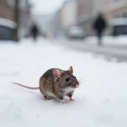 a beautiful photo by saul leiter of a tiny photoreal mouse standing in a snowy street, tiny gaussian blur, insanely detailed, insanely intricate, insanely beautiful, depth of field, low contrast, snowy, wide aperture, color photography