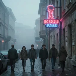 movie scene of a downtown, lviv, a very misty day, a neon sign, by ian mcque ferdinand knab, makoto shinkai and lois van baarle, artgerm, pixar, ilya kuvshinov,, tom bagshaw, global illumination