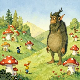 generic fairytale landscape, a troll creature by John Bauer, filled with mushroom houses in the style of peyo and wimmelbilder