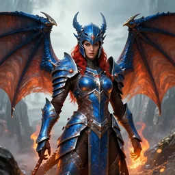 portrait of a dnd dragon hunter in the intricate thunderous mountains, female, strong, symmetric wings, dragon inspired blue armor, red hair, helmet, pretty, fire, brown skin, high fantasy, detailed face, highly detailed, sharp focus, smooth, digital illustration, by clyde caldwell