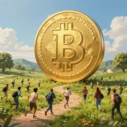 landscape of people running away from a giant with bitcoin face, artstation, highly detailed, hyper-realistic, 8k
