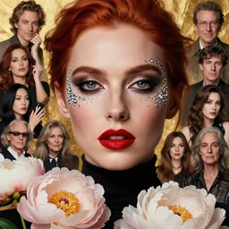 Portrait of a European woman, black, close-up, high sharpness, zeiss lens, fashion photo shoot, peony flowers, red hair, red lipstick, in the background of gold, they have rhinestones on their face, Edward Buba, Annie Leibovitz and Steve McCurry, Leslie Zhang, David Lazar, Jimmy Nelsson, Eiko Hosoe, artistic, hyperrealistic, beautiful face, octane rendering