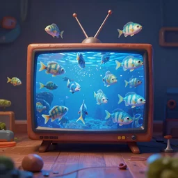 alien fish ara coming out of the Tv, Greg Rutkowski, 3d scene, trending on Artstation, 8K, ultra wide angle, pincushion lens effect.