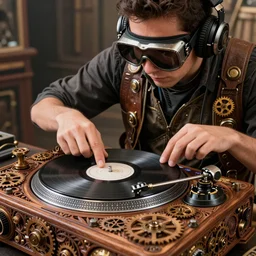 a person wearing goggles and visor and headphones using a steampunk record player contraption, doing turntablism dj scratching, intricate carved wood, planetary gears, complex, cinematix, imax, sharp focus, hyper detail