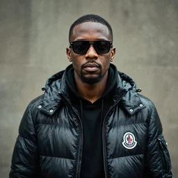 wet plate portrait, black man in moncler jacket and sunglasses,