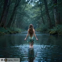 forest nymph rising from the water. view from behind, wide angle view, back view. nuri iyem, james gurney, james jean, greg rutkowski, anato finnstark. trending on artstation, starlight, and enchanted dreams. instagram photo shoot, sigma 3 5 mm, award winning photography, right hands