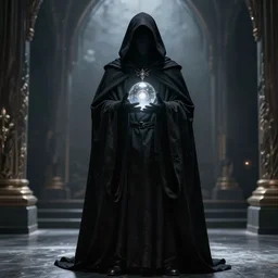 a man wearing a long black cloak, shadowy hood covering face, holding a glowing orb, grandiose style, trending on artstation