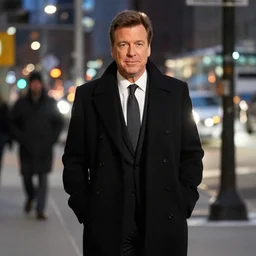 1 9 9 8 andy richter wearing a black wool coat over a black suit and necktie standing on the streets of chicago at night in winter.