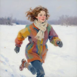 2 5 years old woman with short wavy curly light brown hair and blue eyes wearing colorful winter clothes is running in a snowy field. beautiful painting by artgerm and greg rutkowski