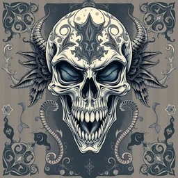 a skull, another creature evil coming out from mouth, insanely scary face, insanely detailed and intricate, ethereal, manga cover, illustrated by kentaro miura, pastel color manga cover, symmetrical, islamic pattern embroidery, the moon, mystical, dark gothic deco, stunning, dreamy, ethereal, hypermaximalist, elegant, ornate, luxury, elite, ominous, cgsociety, style of elena