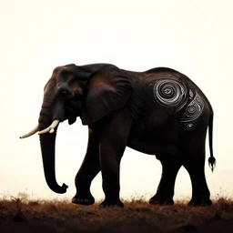 an elephant in the savannah, black silhouette, tribal style
