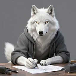a white anthropomorph wolf, wearing clothes, drawing, artstation, artistic, high details, fantasy