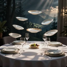 A dinner party with floating plates and glasses but no table