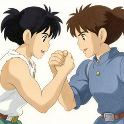 an amazon and a valkyrie arm wrestling, finely illustrated face, highly detailed, colored pencil, studio ghibli, tankobon, in the style of ilya kuvshinov and krenz cushart and william - adolphe bouguereau and alphonse mucha