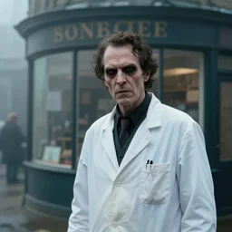 an ultra realistic cinematic headshot portrait of an evil scientist, stood outside a corner shop, foggy, colour, detailed, deep focus, movie still, dramatic lighting, by fay godwin