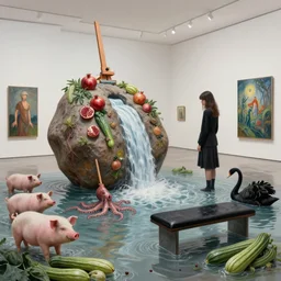 painting of a flooded modern art gallery and a tall emo girl, boulder, easel, art gallery interior, pigs, courgette, waterfall, black bench seat, hedonistic, organic, pomegranates, octopus, zen, black swans, courgettes, berries, surrealist, by magritte and monet
