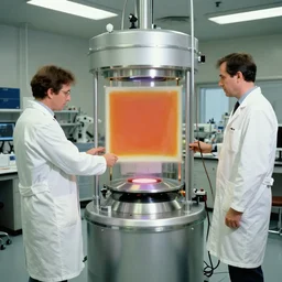 teleportation machine in a laboratory, with two people in white lab coats testing it out by mark rothko