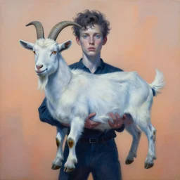 painting of hybrid between human andy milonakis and a goat, by zdzislaw beksinski, by tiffany bozic, cold hue's, warm tone gradient background, concept art, beautiful composition, digital painting