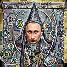 Vladimir Putin, dressed as an evil Dungeon and Dragons wizard, on a Magic the Gathering card, high resolution photo,