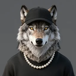 portrait of a wolf in a black cap with a visor and a black sweatshirt, a necklace of white pearls around his neck, ultra detailed,photorealistic, 8k, HD, blender, high quality,