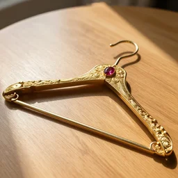 macro shot of an intricately detailed golden hanger with an embedded ruby gem, lying on a oak table indoors, sunlit day, f 1. 4