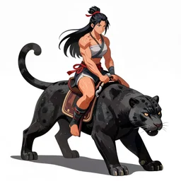 a muscled warrior girl riding a large black panther mount
