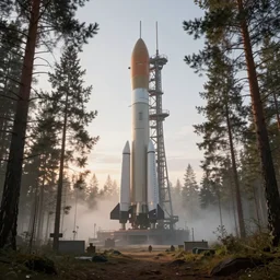 masterpiece eternal ethereal industrial plant in the pine forest surrounding a space - x rocket launchpad, sci - fi, sunrise, white sky, dramatic light, industrialpunk, futurepunk, mist, hdr, digital painting, artstation, steve belledin, peter gric, wadim kasin