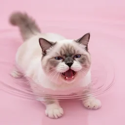 a cat without hair swimming in pink water while crying