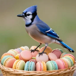 A photograph of a (real blue jay) standing on a large basket of rainbow macarons.