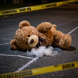 a broken teddy bear leaking fluff, crime scene, investigation, evidence, crime photos, night, chalk lines