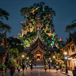 street view of gigantic forest temple city at night by cyril rolando and naomi okubo and dan mumford and ricardo bofill