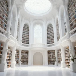 interior view, magical white futuristic elven library, expansive grand scale, with ornate detail carved in mahogany timber, next to a waterfall, plants, greenery, white flowers, hanging vines, candles, glowing sprites, fibonacci composition, photorealistic, 8 k, god rays, highly detailed, octane render, unreal engine