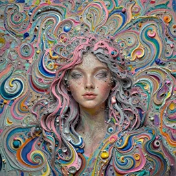 A portrait of a very beautiful goddess with pink and grey hair radiating an artwork of multicolored swirling paint and impasto by WLOP  , volumetric displacement by Lee Griggs, volume noise, hyperrealism, subsurface scattering, octane render, 8k,  xparticles