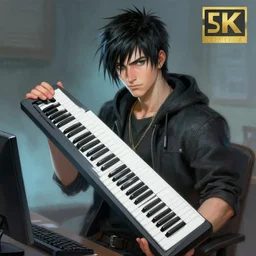 upper body portrait of a keyboard warrior from final fantasy live action, holding a keyboard by his computer, award winning, masterpiece digital painting by greg rutkowski, alex grey, artstation, 4 k wallpaper,