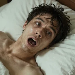 “A disfigured man lying in bed. The chest and head area are very strangely shaped, but there is a hole for a mouth and a nose. In the mouth there are teeth and a tongue which moves. There are two eyes above the nose hole. The eyes dart back and forth.”