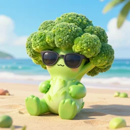 a cute and friendly broccoli - creature with sunglasses on his broccoli head relaxing on a beautiful beach, fantasy style, 4 k, octan render, ultrarealistic