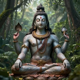lord shiva, meditating, fine details, jungle, perfect faces, photorealism, octane render, subtle shadows, hyper detailed