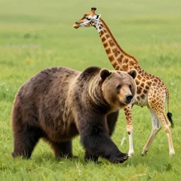 a bear and a giraffee walking on grass. highly detailed digital painting by greg rutkowski.