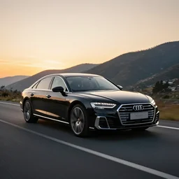 a black 2020 audi a8 racing a 2020 porsche cayenne on a road on a mountain at sunset, car photography, 4k professional photo