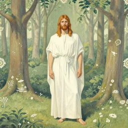 the great god pan, fully clothed, in a forest clearing, 1 9 7 0 s, seventies, wallpaper, delicate embellishments, painterly, offset printing technique, by brom, robert henri, walter popp