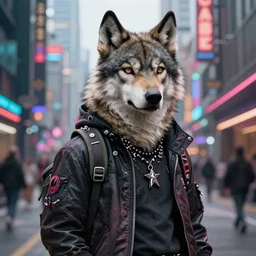 beautiful furry art portrait commission of a furry anthro wolf fursona wearing punk clothes in the streets of a cyberpunk city. character design by rick griffin, miles df