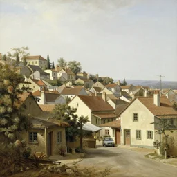 in the style of gerald brom, caravaggio, asher brown durand, beautiful small town, houses and buildings, 1 8 0 0 s, cobblestone roads, mid day, winter, mountains in the distance