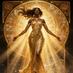 black african princess, warm volumetric lighting, cosmic, symmetric, highly detailed, elegant, concept art, heavenly, god rays, intricate, sharp focus, illustration, alexandros pyromallis, bouguereau, rutkowski, artgerm, alphonse mucha, trending on artstation