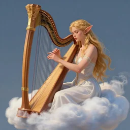 beautiful elf woman playing the harp on a cloud, artwork by artgerm