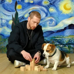Eminem with a dog plays with wooden blocks at Central Park painting by van gogh
