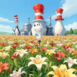 first person perspective digital illustration of a field of giant multi-colored lilies by Dr. Seuss, reimagined by Industrial Light and Magic and beeple:1|tpwering megaflora by Dr. Seuss, spectral color, rolling hills, wide angle panoramic:0.9|fantasy, cinematic:0.9|Unreal Engine, Octane, finalRender, devfiantArt, artstation, artstation HQ, behance, HD, 16k resolution:0.8