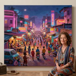 stylish caricature art of a bustling neon lit ajegunle slum in nigeria, photographed by vivian maier, unreal engine 3 d vfx render, digital illustration by mike winkelmann, intricate detail, sharp, volumetric light, ray tracing, soft light, colourful, claymation, wide angle, acrylic on canvas, cinestill 8 0 0 t,