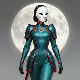 female adventurer in tight full - body teal leather armor of japanese design with red accents and a white porcelain crow mask, trending in artstation, japanese, artstation, big moon in the background, establishing shot, intricate, elegant, highly detailed, digital painting, artstation, concept art, smooth, sharp focus, illustration, art by artgerm and greg rutkowski and alphonse mucha, 8 k